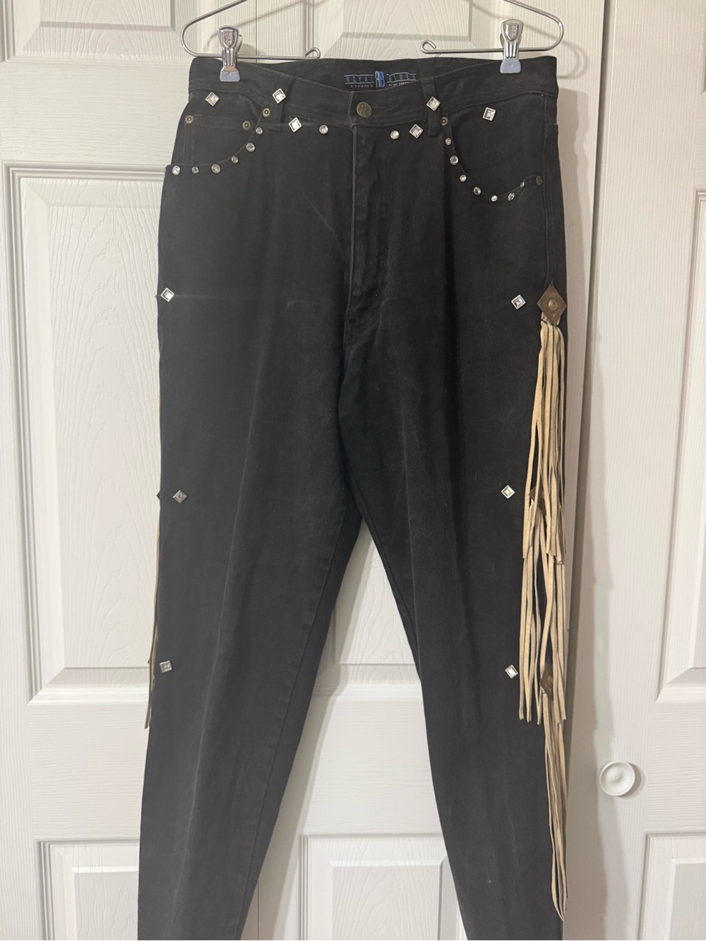Vintage Homemade Western Style Studded Black Women's Jeans with Fringe Detail